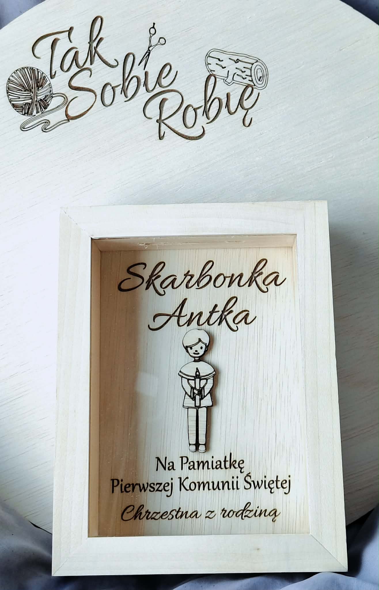 SKARBONKA KOMUNIJNA DOWOLNY NAPIS I IMIĘ